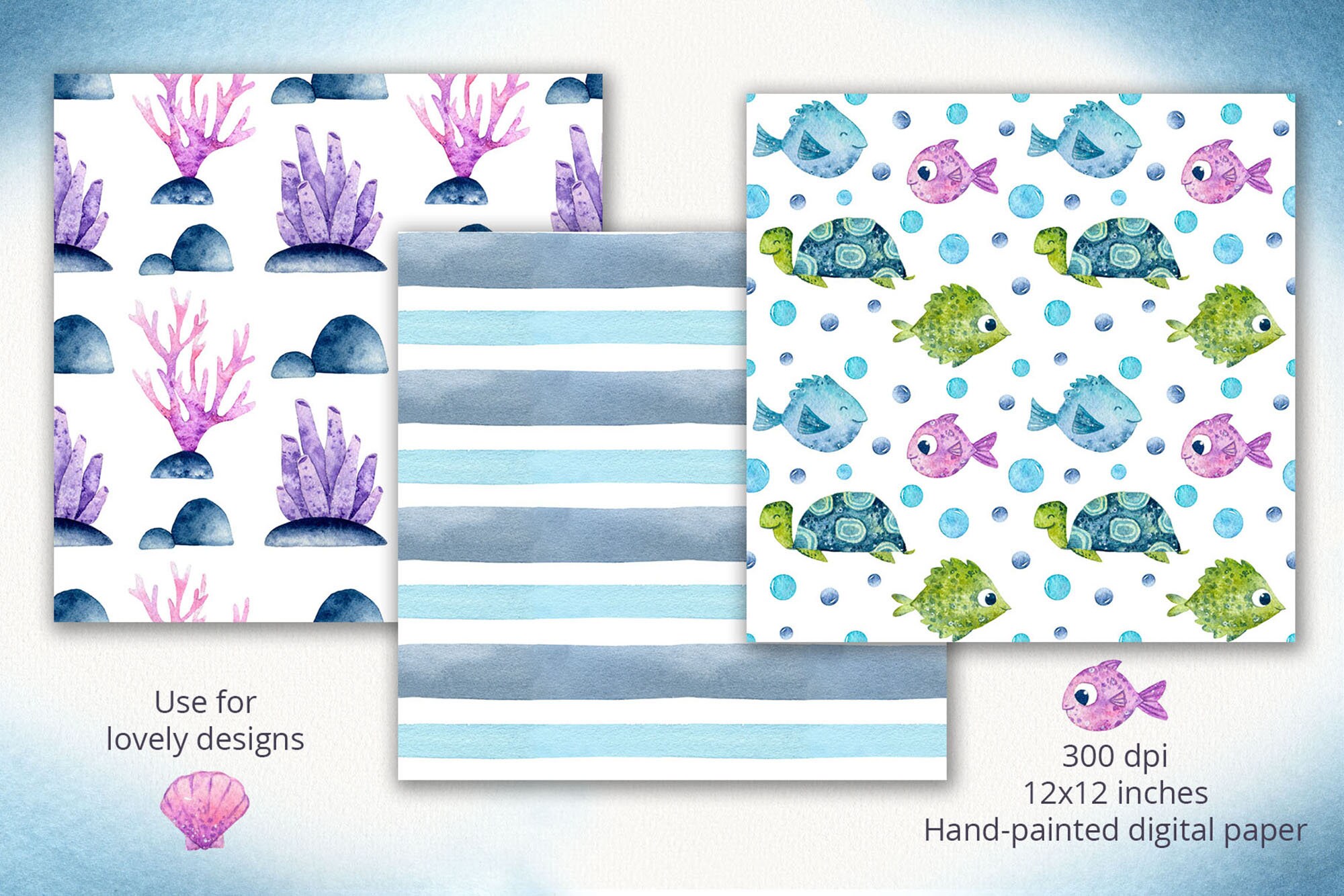 Watercolor Sea Digital Paper Pack. Ocean Seamless Patterns. Under the ...