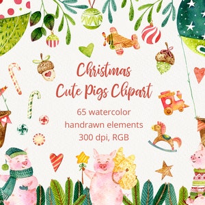 May include: Watercolor clipart featuring cute pigs in hot air balloons, riding rocking horses, and wearing winter hats and scarves. The clipart also includes Christmas ornaments, candy canes, and other festive elements.  65 watercolor hand-drawn elements, 300 dpi, RGB.