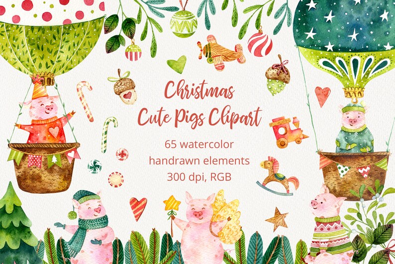 May include: Watercolor clipart featuring cute pigs in hot air balloons, riding rocking horses, and wearing winter hats and scarves. The clipart also includes Christmas ornaments, candy canes, and other festive elements.  65 watercolor hand-drawn elements, 300 dpi, RGB.