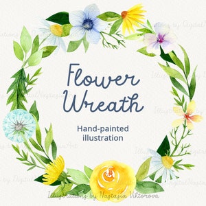 Watercolor floral greenery clipart, Wildflower summer wreath, Yellow flower wreath clipart, Hand drawn roses png