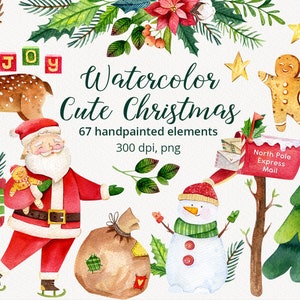 Christmas Digital Stickers Cute Christmas Watercolor Digital Clipart Winter Holiday Watercolor clipart Watercolor Santa PNG clipart