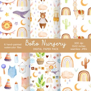 Boho digitaal papier, kwekerij naadloze patroon clipart, Boho regenboog handgetekende scapbooking, pasgeboren baby douche clipart, stof patroon
