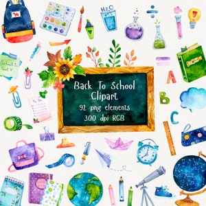 Clipart de regreso a la escuela, Acuarela escolar, Clip art escolar, Otoño png, Útiles escolares, Regreso a la escuela, Escuela pintada a mano, libros png