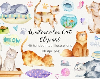 Clipart ad acquerello per gatti. Gattini clip art. Gatti carini png. Gattino dipinto a mano. Set di animali per bambine. Casa animale domestico png. Arredamento carino per l'asilo nido.