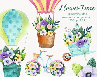 Watercolor Flower Clipart: Spring Bike, Wheelbarrow, Balloon (PNG Digital Download)
