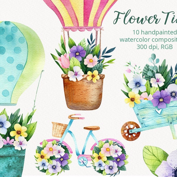 Watercolor Flower Clipart. Spring hand painted clip art. Floral bike, wheelbarrow, hot air balloon, umbrella. Wedding invitation. Floral png