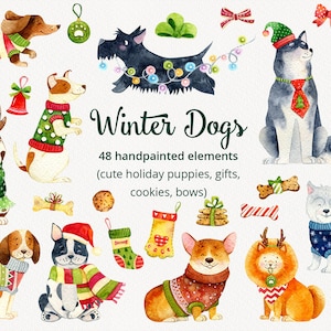 Christmas Dog clipart, Aquarel Hond, Winter hond illustraties, Puppy set, Husky png, Corgi, Mopshond, Teckel, Puppies schattig, Hond rassen png