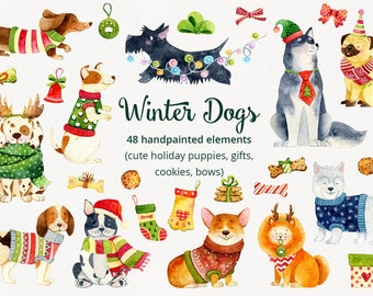 Puede incluir: Ilustraciones de acuarela de 48 diseños de perros con temática invernal. Los perros llevan suéteres festivos, bufandas y sombreros. También hay ilustraciones de regalos, galletas y lazos.