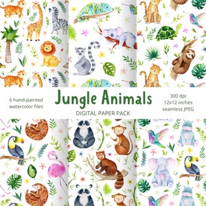 Papier numérique Jungle baby shower, Papiers scrapbook de crèche Safari Jungle, Motifs numériques sans couture, Papier numérique d’été Aquarelle