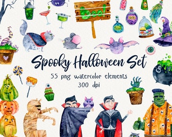 Halloween Akvarell Clipart, Monster Clipart, Halloween Clipart, Pumpa Clipart, Höstpumpa, Dracula, Katt Clipart, Godishäxa Clipart