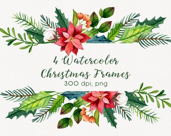Christmas Wreath Frames, Winter holiday clip art, Greenery clipart, Winter frame, Floral set invitation, Mistletoe, Poinsettia, Holly Jolly
