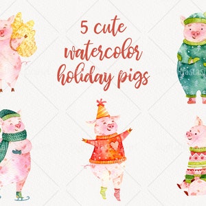 May include: Five watercolor illustrations of cute pigs wearing holiday attire. The pigs are wearing a variety of festive outfits, including a green sweater with snowflakes, a red sweater with a heart, a green scarf and hat, a yellow and white scarf and hat, and a green and white sweater with a snowflake pattern.  5 cute watercolor holiday pigs.