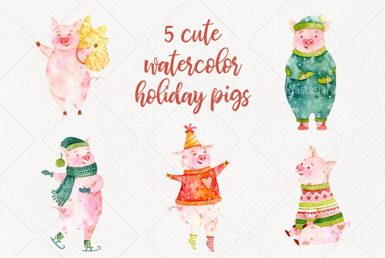 May include: Five watercolor illustrations of cute pigs wearing holiday attire. The pigs are wearing a variety of festive outfits, including a green sweater with snowflakes, a red sweater with a heart, a green scarf and hat, a yellow and white scarf and hat, and a green and white sweater with a snowflake pattern.  5 cute watercolor holiday pigs.