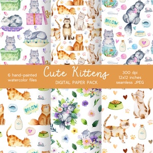 Papier numérique Cat. Papier scrapbook chatons. Motifs de chat mignons. Arrière-plans de scrapbooking. Pet, patte, imprimés d’animaux. Printemps, été