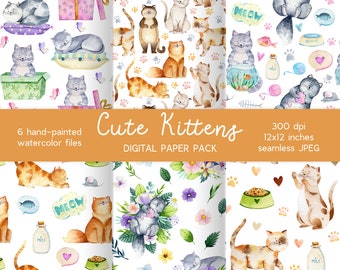 Cat digital paper. Kittens scrapbook paper. Cute kitty patterns. Scrapbooking backgrounds. Pet, paw, animal prints. Spring, summer sets