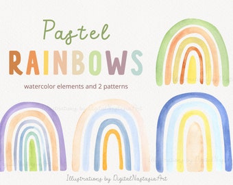 Boho Rainbow clipart, Neutral Rainbow Baby shower clipart, Pastel  Watercolor Rainbow graphics, Hand painted seamless paper for scrapbooking