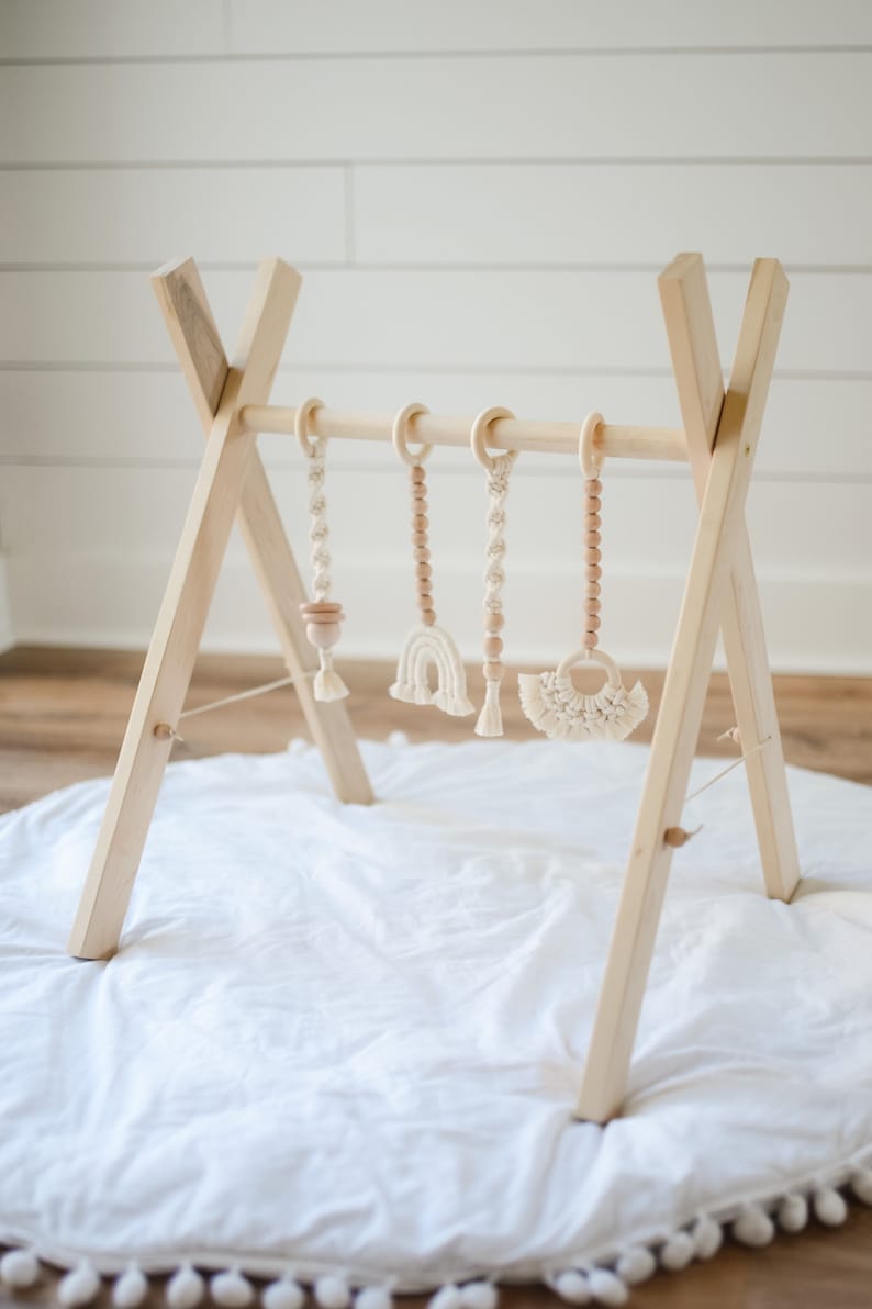 Maple wood play gym with macrame toys play gym for baby wood image 0
