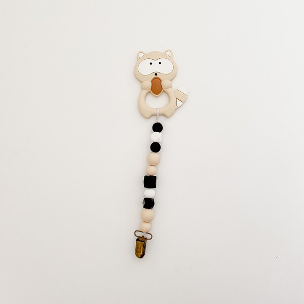 Raccoon Teether Clip | black and white | infant/baby woodland toy | food grade silicone and beads