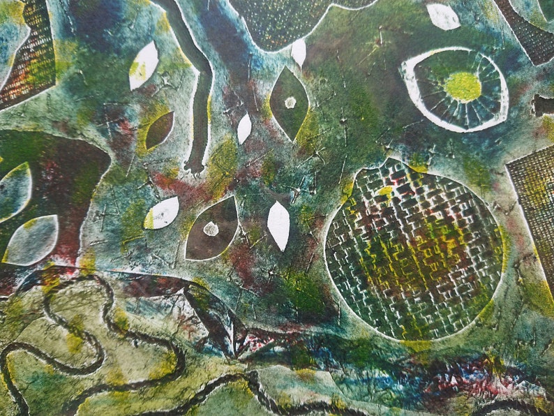 Surrealist collage sci-fi landscape dark one off handmade collagraph A3 plus print on Fabriano 300gsm paper