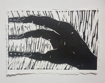 Surrealist Linocut Print #3 - Black Ink Illustration on A6 Handmade Paper