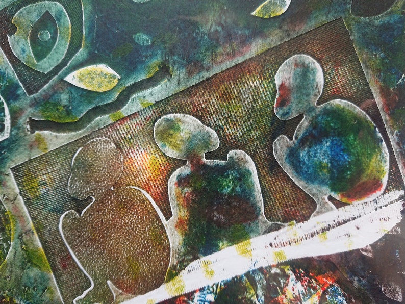 Surrealist collage sci-fi landscape dark one off handmade collagraph A3 plus print on Fabriano 300gsm paper