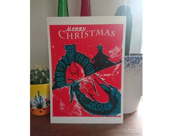 Horror Vegan Christmas Card - Handmade Silkscreen Print - large size A5 three layer Screenprint - Limited Edition