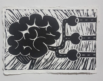 Surrealist Linocut Print #4 - Black Ink Illustration on A6 Handmade Paper