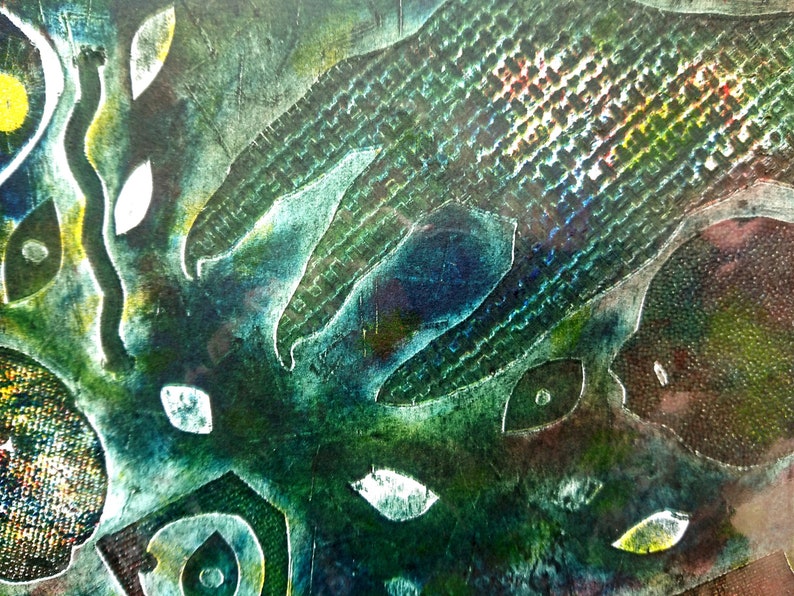 Surrealist collage sci-fi landscape dark one off handmade collagraph A3 plus print on Fabriano 300gsm paper
