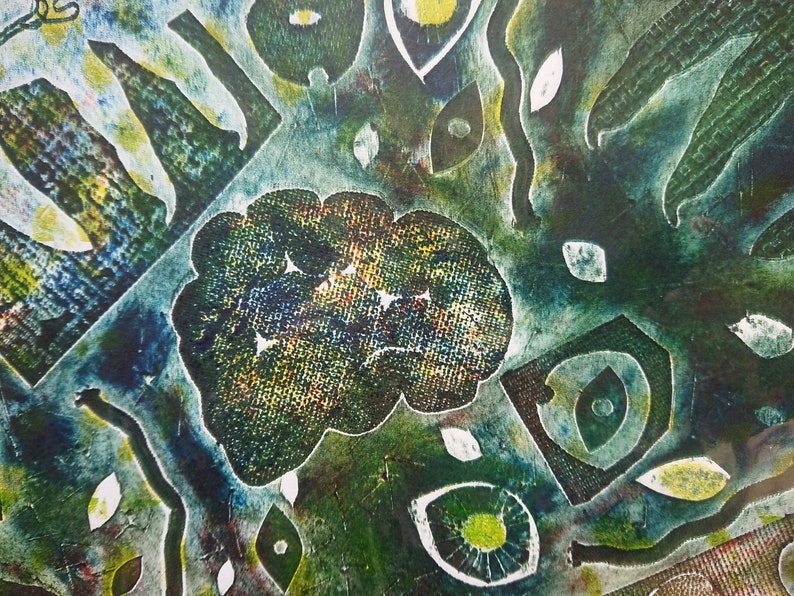 Surrealist collage sci-fi landscape dark one off handmade collagraph A3 plus print on Fabriano 300gsm paper
