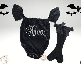 Baby Girl Halloween Romper / Baby Girl Black Velvet Romper / Baby Girl Off the Shoulder Romper / Black Romper Baby Girl