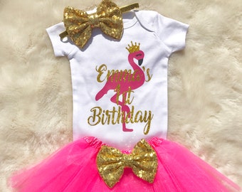 Baby Girl Flamingo Birthday Outfit / Personalized Baby Girl Birthday Outfit Baby Girl Flamingo Birthday Flamingo First Birthday Outfit