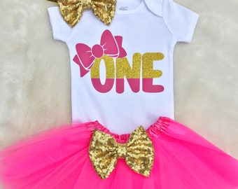 Pink and Gold First Birthday Outfit Girl | one year old girl birthday outfit | Baby girls first birthday outfit with Gold Bow Headband