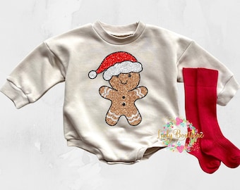 Baby Girl Glitter Christmas Romper Christmas Gingerbread Girl Cookie Bubble Romper Christmas Outfit Sweatsuit Cookie Sweatshirt