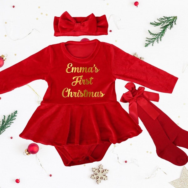 My First Christmas Red Velvet Long Sleeve Dress - Baby Girl Red Velvet Christmas Dress - Baby Girl Christmas Outfit