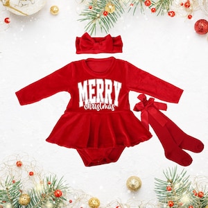 Baby Girl Merry Christmas Red Velvet Long Sleeve Dress Baby Girl Red Velvet Christmas Dress Baby Girl Christmas Outfit