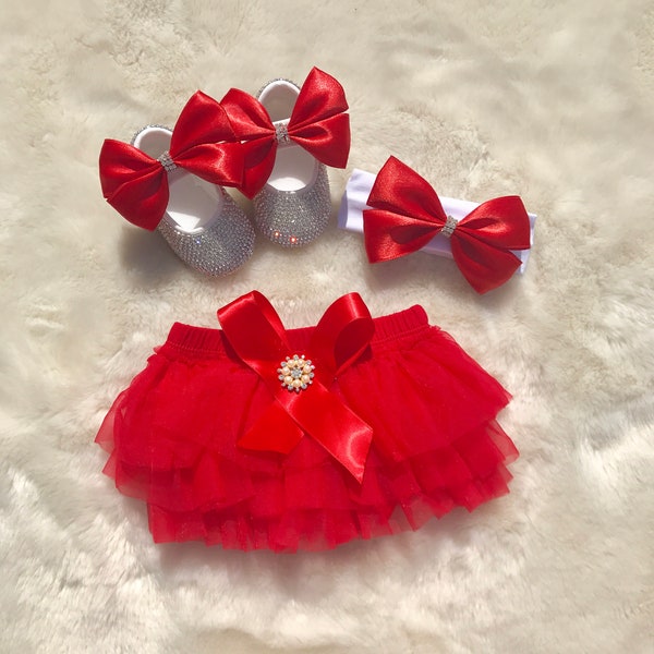 Baby Girl Bloomer Baby Girl Red Bloomer Baby Girl Tutu  Baby Girl Coming Home Outfit Baby Girl Swarovski Crib Shoes