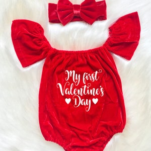 Valentine's Day Velvet Baby Romper Outfit, Monogrammed, Headband & Socks