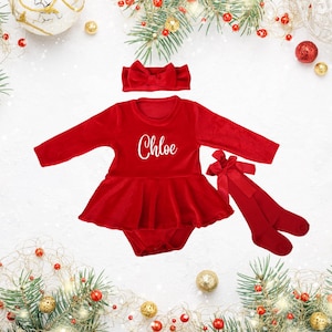 Custom Name Christmas Red Velvet Long Sleeve Dress Girl - Baby Girl Red Velvet Christmas Dress - Baby Girl Christmas Outfit Red