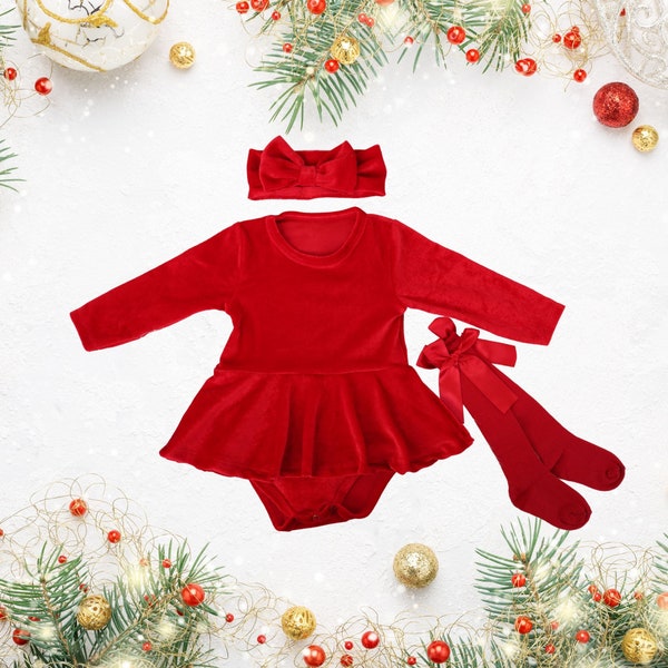 Baby Girl First Christmas Red Velvet Long Sleeve Dress - Baby Girl Red Velvet Christmas Dress - Baby Girl Red Christmas Outfit