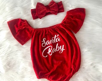 Baby Girl Christmas Romper / Baby Girl Red Velvet Romper / Baby Girl Off the Shoulder Romper / Santa Baby Romper