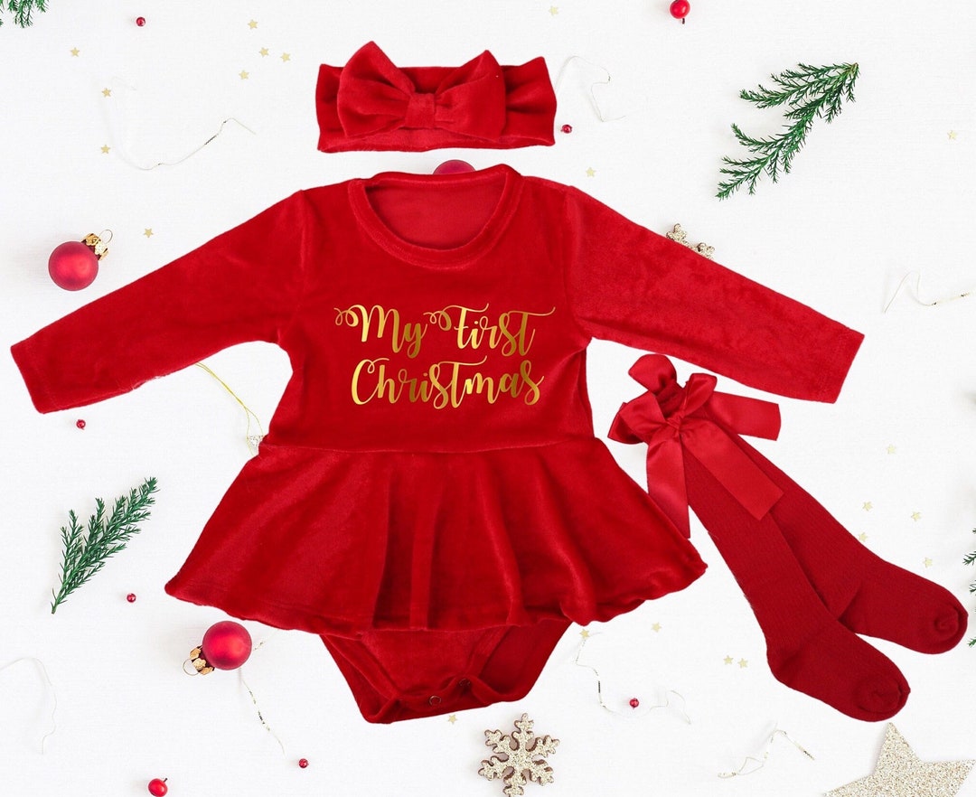 Baby Girl First Christmas Red Velvet Long Sleeve Dress Baby Girl Red