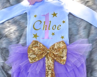 Baby Girl First Birthday Outfit  / Baby 1st Birthday Bodysuit / First Birthday Bodysuit / Number One Bodysuit / Glitter Birthday Bodysuit