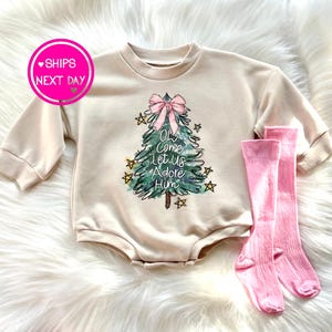 Oh Let Us Adore Him Baby Bubble Romper Baby Girl Christmas Outfit Holiday Bubble Romper Sweatshirt Merry Christmas Romper Baby