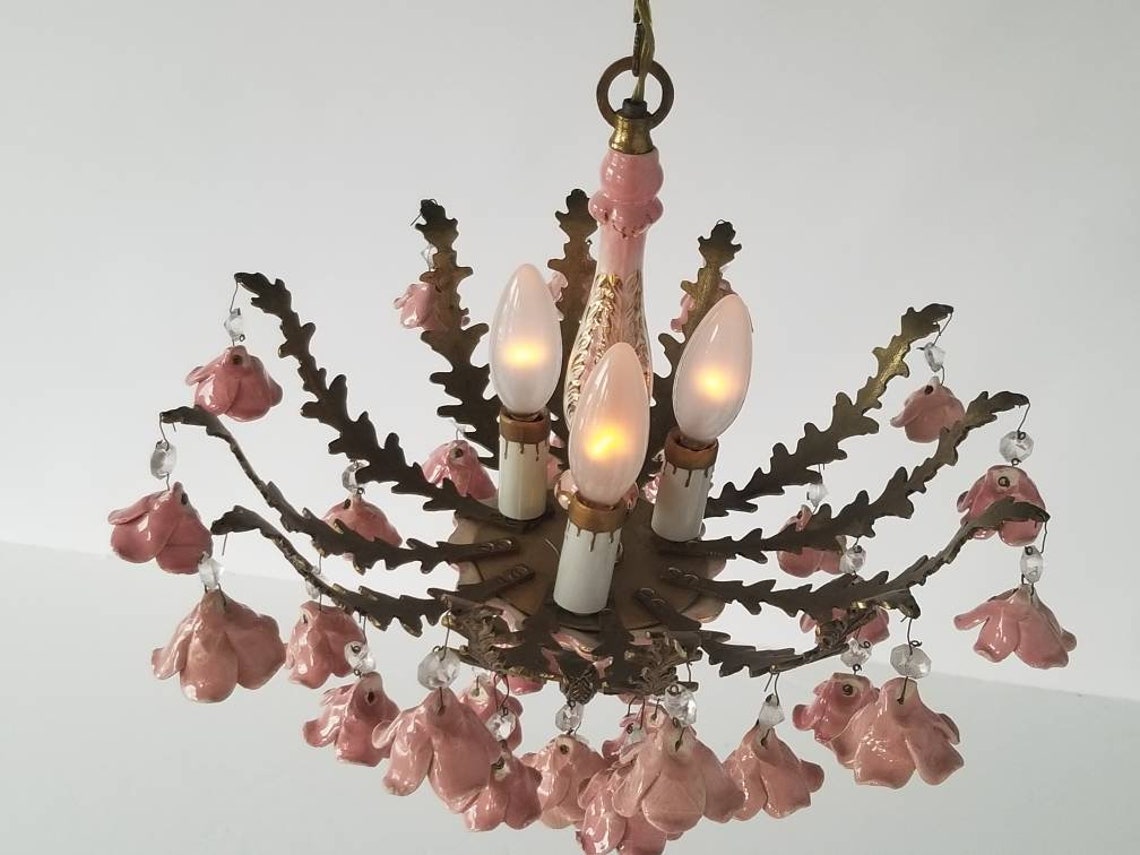 1950 CHANDELIER with ROSE in PORCELAINE and Brass Stem Etsy