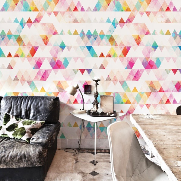 Rainbow Triangle Removable Wallpaper - Geometry Mural - Triangle - Self Adhesive - Repositionable - Peel and stick - Colorful - Decal #169