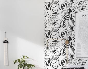 Black and white leaves removable Wallpaper - traditional - black Print wall mural - Self Adhesive Wall Decal - Temporary Peel and Stick  #41