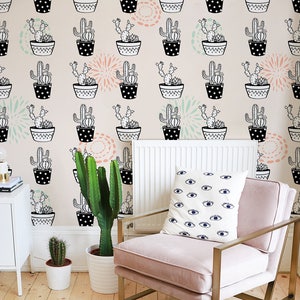 Carta da parati rimovibile con cactus rosa, tradizionale, murale con stampa di cactus, decalcomania murale autoadesiva, temporanea staccabile e attaccabile n. 30