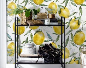 Lemons Removable Wallpaper, Traditional, White Print Wall Mural, Self Adhesive Wall Decal, Temporary Peel And Stick #112