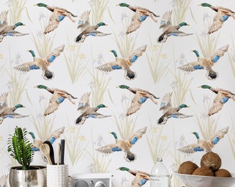 Watercolor Ducks Removable Wallpaper - Traditional - White Print Wall Mural - Self Adhesive Wall Decal - Temporary Peel And Stick  #72