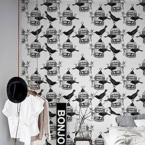 Birdcade And Birds Removable Wallpaper, Traditional, Black Print Wall Mural, Self Adhesive Wall Decal, Temporary Peel And Stick  #59